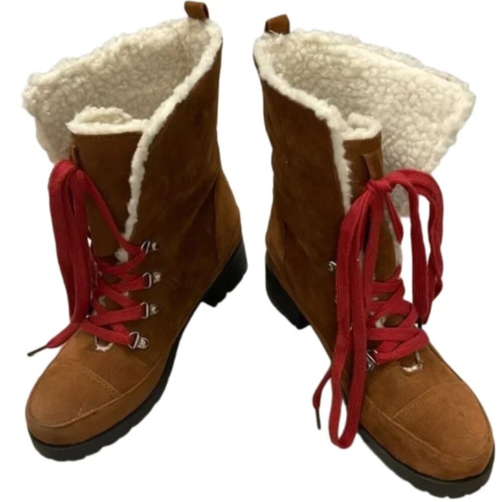 Just Fab Size 7 Women's Tan Brown Red Lace Up Boots with Heel Lining for Comfort